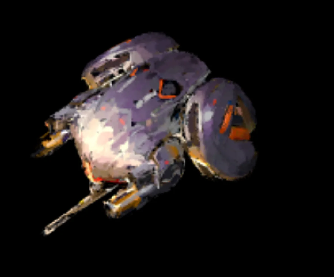A splat drone hull after several hits: craters, a dented interior, glowing debris