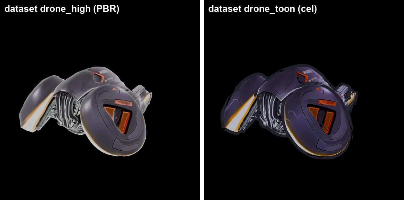 Frames from a PBR dataset and a cel dataset of the same drone