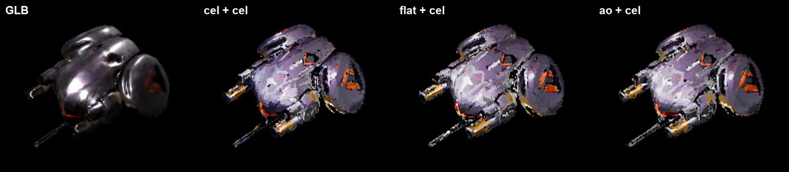The same three variants in the game under the runtime cel shader