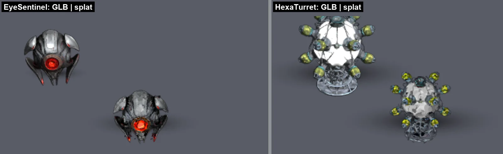 Two regular mobs: the source GLB and its splat version on a grey stand