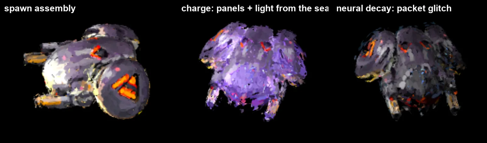 Three effect channels: spawn assembly, charge, neural decay