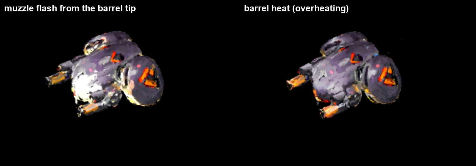 Avatar v2: muzzle flash from the barrel tip and barrel heat on overheating