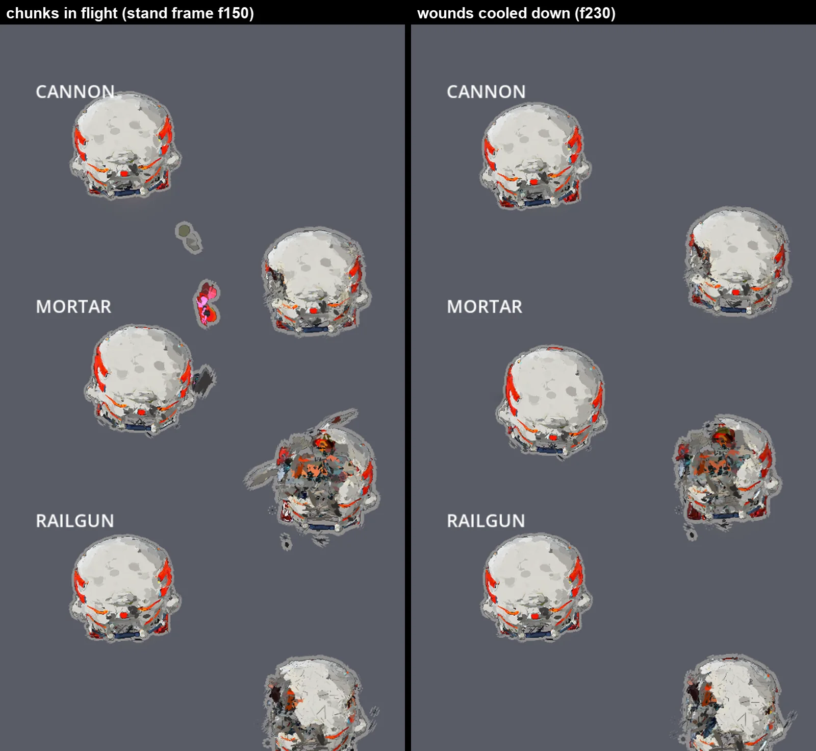 Crimson Skull on the weapon-profile stand: intact, and after cannon, mortar and railgun hits