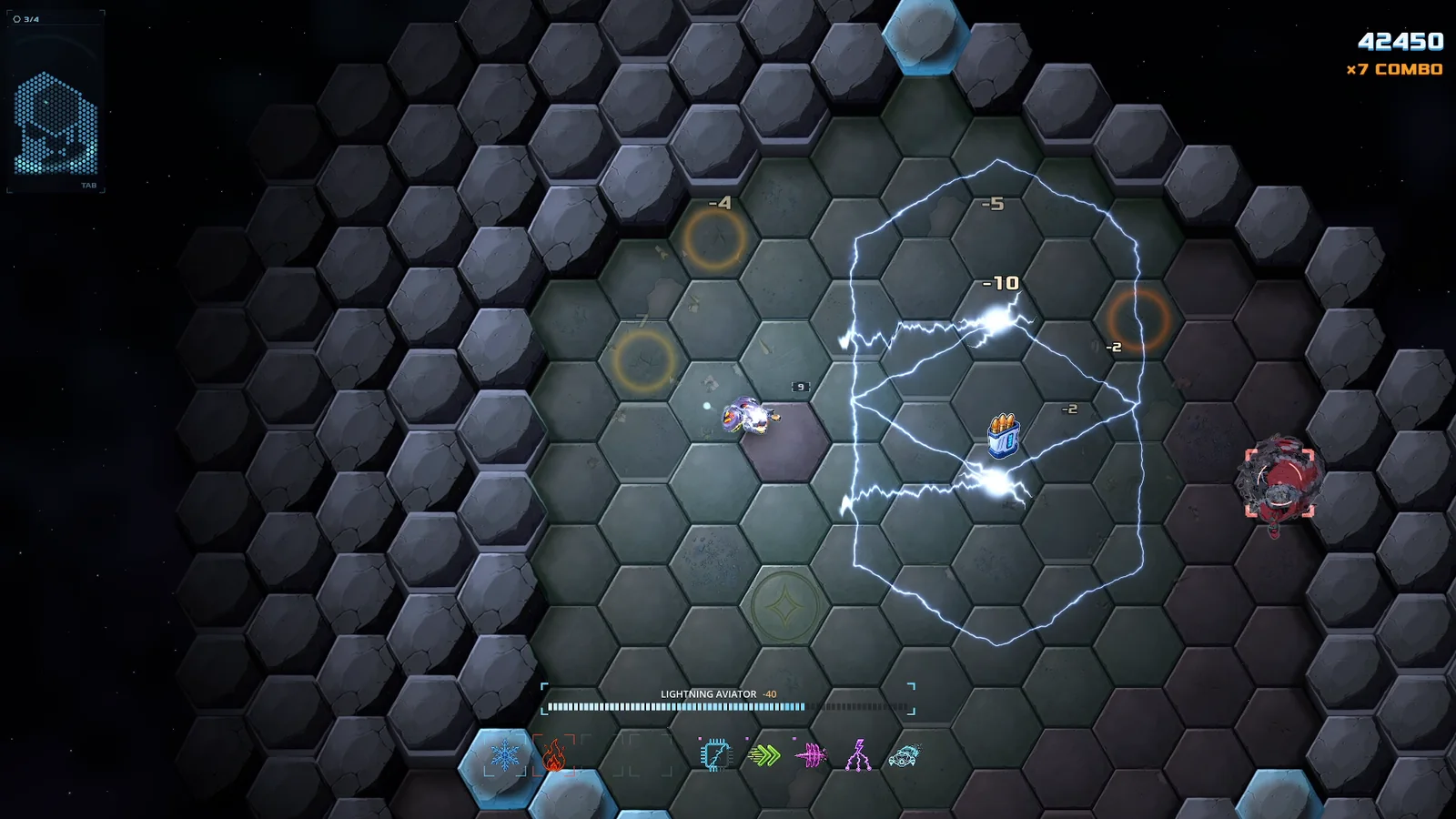 In-game frame: the Lightning Aviator boss, lightning, and the splat drone at a hundred pixels